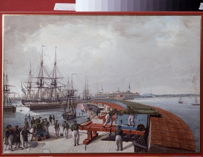 Widok Reval (obecny Tallin (Tallin), w Estonii), port i artyleria rosyjskiego wybrzeża (Widok Reval, Port i rosyjska artyleria nadbrzeżna). Praca Johannesa Hau (1771-1838), akwarela na papierze autorstwa Johannes Hau