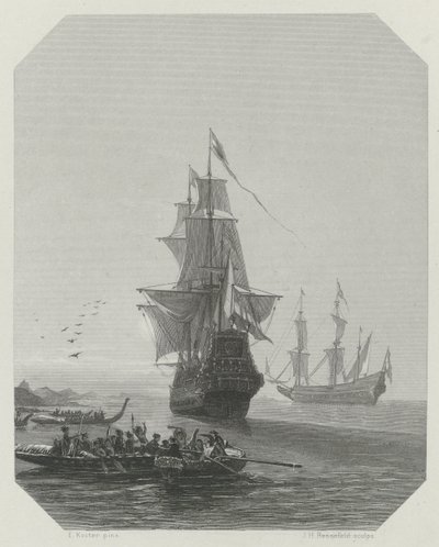 Przybycie Abla Tasmana do Nowej Zelandii, 1642-1643, ok. 1865 autorstwa Johannes Heinrich Maria Hubert Rennefeld
