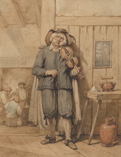 Skrzypek w tawernie z trzema mężczyznami w tle, połowa XIX wieku. autorstwa Johannes Hendrik van West