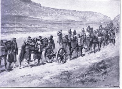 Bateria dział polowych w drodze do Izon, ilustracja z Cassells History of the rosyjsko-japońskiej wojny, tom 1, ok. 1900 autorstwa Johannes Hermann Barend Koekkoek