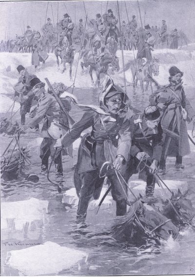 Wyczyn jeździecki. Rosyjska kawaleria przeprawiająca się przez rzekę, ilustracja z Historii wojny rosyjsko-japońskiej w Cassells, t. 1, ok. 1900 autorstwa Johannes Hermann Barend Koekkoek