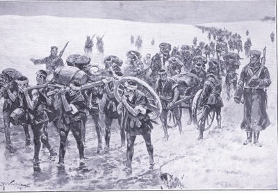 Japończycy w marszu. Mężczyźni zamiast jucznych kucyków, ilustracja z Cassells History of the rosyjsko-japońskiej wojny t. 1, ok. 1900 autorstwa Johannes Hermann Barend Koekkoek