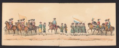 Procesja historyczna studentów Uniwersytetu Nauk Stosowanych w Groningen, 1850 (tablica 2) Kostium przedstawiający wejście Maurytów, księcia Orańskiego, hrabiego Nassau itp. oraz Willema Lodewijka, hrabiego Nassau, w Groningen w roku 1594, autorstwa H.H. autorstwa Johannes Hermanus van de Weijer