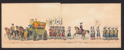 Procesja historyczna studentów Uniwersytetu Nauk Stosowanych w Groningen, 1850 (tablica 4) Kostium przedstawiający wejście Maurytów, księcia Orańskiego, hrabiego Nassau itp. oraz Willema Lodewijka, hrabiego Nassau, w Groningen w roku 1594, autorstwa H.H. autorstwa Johannes Hermanus van de Weijer