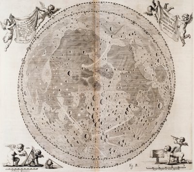 Pierwsza szczegółowa mapa Księżyca sporządzona w 1647 r. przez Jana Heweliusza, odbitka zaczerpnięta z atlasu niebieskiego Jana Heweliusza (1611-1687) Selenographia sive Lunae descriptio, Gdańsk autorstwa Johannes Hevelius
