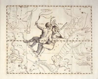 Konstelacja Bliźniąt Bliźniąt, rycina z atlasu niebieskiego Firmamentum Sobiescianum sive Uronographia, autorstwa Jana Heweliusza (1611-1687), Gdańsk autorstwa Johannes Hevelius