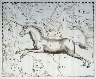 Monoceros, konstelacja Jednorożca, rycina z atlasu niebieskiego Firmamentum Sobiescianum sive Uronographia, autorstwa Jana Heweliusza (1611-1687), Gdańsk autorstwa Johannes Hevelius
