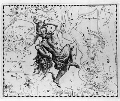 Konstelacja Persee. Talerz zaczerpnięty z „Firmamentum Sobiescanum sive Uranographia” Jana Heweliusza lub Hevela (1611-1687) autorstwa Johannes Hevelius
