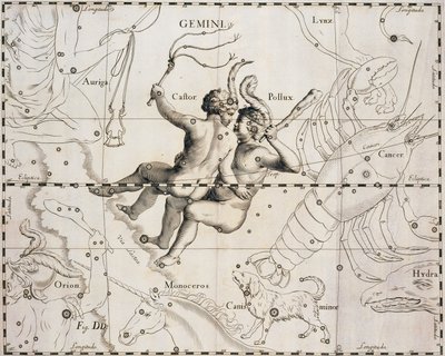 Gwiazdozbiór Gemini, ilustracja z Firmamentum Sobiescianum sive Uranographia, autorstwa Johanna Heveliusa (1611-1687), Gdańsk 1690 autorstwa Johannes Hevelius