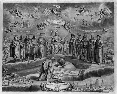 Słynni astronomowie. Wśród nich, od lewej do prawej: Walterus (?) , Tycho Brahe (Tyge Ottesen Brahe), znany jako Le noble Danish lub L