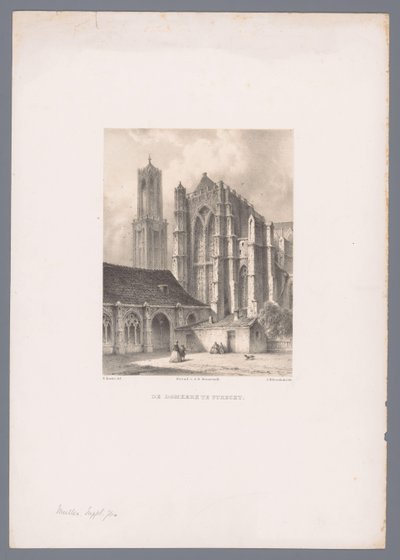 Widok na kościół Dom i wieżę Dom w Utrechcie Kościół Dom w Utrechcie (tytuł na obiekcie) Holenderskie widoki miasta i portu według rysunków Everhardusa Kostera (tytuł serii) Szkicownik E. Kostera: Holenderskie widoki na miasto i port (tytuł serii) autorstwa Johannes Hilverdink