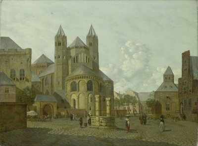 Wyimaginowany pejzaż z romańskim kościołem autorstwa Johannes Huibert Prins