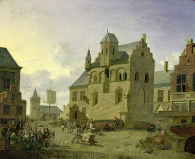 Miesto aikštė su figūromis ir valstiečiais, prekiaujančiais turgavietėje (pano)polis autorstwa Johannes Huibert Prins