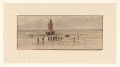 Scena na plaży z rybakami i żaglowcem autorstwa Johannes Huygens (signed by artist)