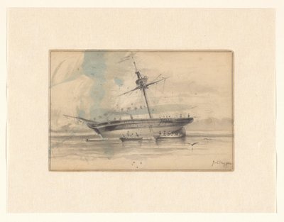 Żaglowiec z dwoma łodziami wiosłowymi autorstwa Johannes Huygens (signed by artist)