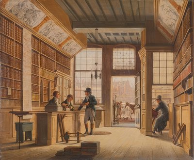 Der Laden des Buchhändlers Pieter Meijer Warnars am Vijgendam w Amsterdamie. 1820 autorstwa Johannes Jelgerhuis