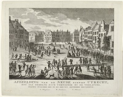 Patrioci opuszczają Neude w Utrechcie, 1787 Przedstawienie Neude w Utrechcie, tak jak wyglądało, gdy zostało opuszczone w nocy między XV. i XVI. Wrzesień MDCCLXXXVII (tytuł na obiekcie) autorstwa Johannes Jelgerhuis