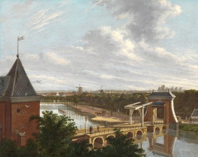 Zewnętrzny kanał Amsterdamu w pobliżu Leidsepoort Widziany z teatru Zewnętrzna fosa Amsterdamu z Leidse Poort widziana z Teatru Miejskiego autorstwa Johannes Jelgerhuis