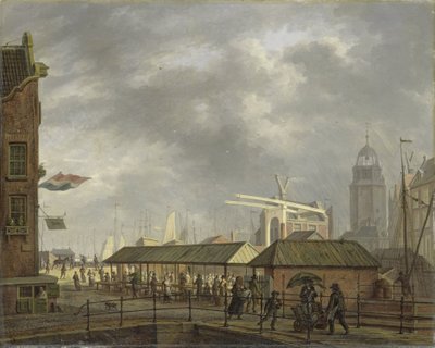 Mały targ rybny na rogu Brouwersgracht i Singel, Amsterdam autorstwa Johannes Jelgerhuis