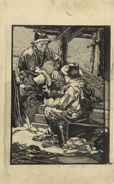 Dwóch pracowników grobli w chacie z desek autorstwa Johannes Josephus Aarts