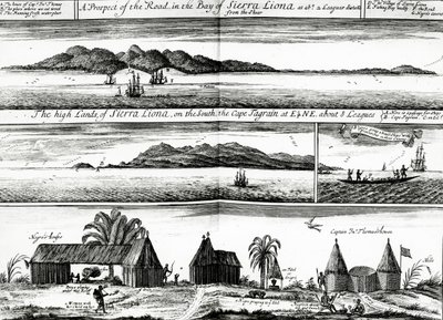 A Prospect of the Road in the Bay of Sierra Liona, ilustracja z tomu 5 książki Awnshama i Johna Churchilla „Zbiór podróży i podróży”, wydana w 1732 roku autorstwa Johannes Kip