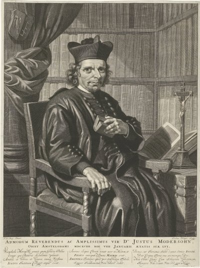 Portret van de pastora Justusa Modersohna Prawy Wielebny i Wielki Człowiek Pan Justus Modersohn, zmarł w Amsterdamie 1693 8 stycznia w wieku 15 lat (tytuł na obiekcie) autorstwa Johannes Klopper