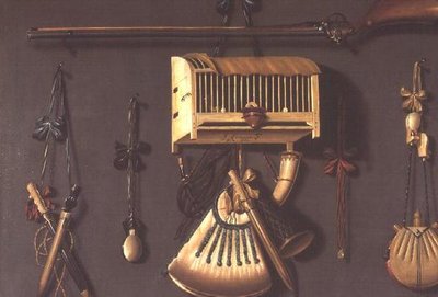 Martwa natura Trompe lOeil z pistoletem, rogiem prochowym, ptakiem w klatce i sprzętem myśliwskim autorstwa Johannes Leemans