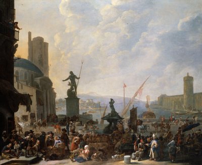 Capriccio portu śródziemnomorskiego z Fontanną Trytona Berniniego i Capriccio z Palais du Louvre, 1651 autorstwa Johannes Lingelbach