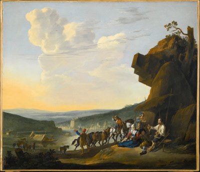 niemiecki: Südliche Landschaft mit Fähre Południowy krajobraz z widokiem na zatokę, z odpoczywającymi podróżnikami autorstwa Johannes Lingelbach