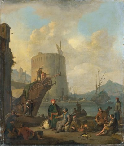 Włoski port z ufortyfikowaną wieżą autorstwa Johannes Lingelbach