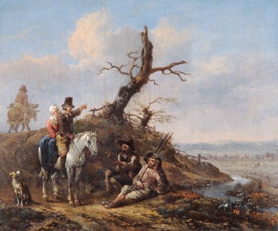 Krajobraz z odpoczywającymi podróżnikami i parą na koniach (olej na desce dębowej) autorstwa Johannes Lingelbach