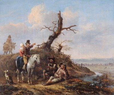 „Krajobraz z odpoczywającymi podróżnikami i parą na koniu”, XVII w. autorstwa Johannes Lingelbach