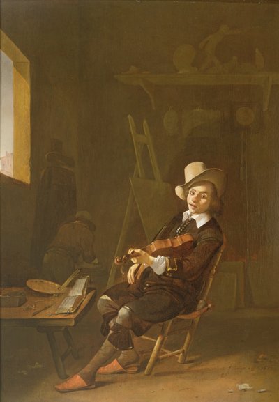 Хийл хөгжим тоглож буй зураачийн өөрийн хөрөг зураг autorstwa Johannes Lingelbach
