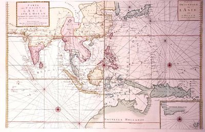 Wykres przybrzeżny rozciągający się od północno-zachodnich Indii do północnej Australii przez Japonię i Filipiny, c.1700 (kolorowe grawerowanie) autorstwa Johannes and Mortier Cornelis Covens