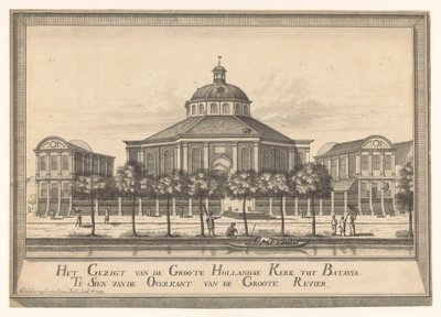 Widok na Nowy Holenderski Kościół Batavia Widok z Groote Hollandse Kerk do Batavia Te Sien z drugiej strony Groote Revier (tytuł na obiekcie) autorstwa Johannes Rach