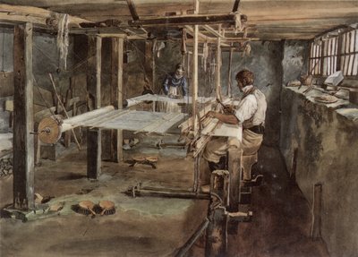 Para tkaczy z Appenzell przy pracy na krośnie ręcznym, około 1830 r autorstwa Johannes Schiess