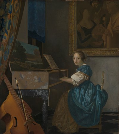 Eine junge Frau sitzt an einem Virginal autorstwa Johannes Vermeer
