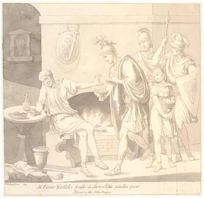 „M. Curius Dantatus foragter de Samnitiske Gesanters Gaver./ Plutach: in vita. Katon cenzor”. autorstwa Johannes Wiedewelt