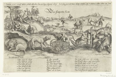 Śpiący lew, 1567 Śpiący lew (tytuł na obiekcie) Cztery alegorie wydarzeń z lat 1576-1579 w Holandii (tytuł serii) autorstwa Johannes Wierix (attributed to)