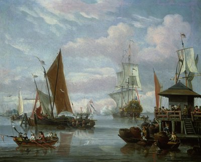 Scena przy ujściu rzeki z łodziami i rybakiem autorstwa Johannes de Blaauw