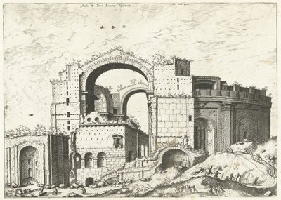 Gezicht op de Sint Pieter w Rzymie Deformacja Aedis D. Peter Romana (tytuł na obiekcie) Ruiny rzymskie, 1561 (tytuł serii) autorstwa Johannes of Lucas van Doetechum (attributed to)