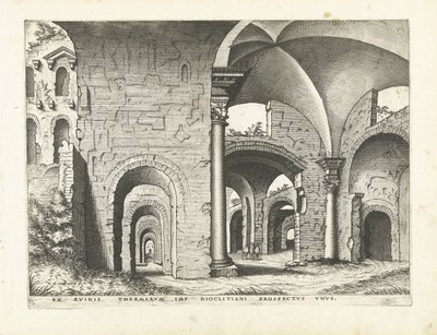 Widok na Łaźnie Dioklecjana Ruiny rzymskie, 1561 (tytuł serii) autorstwa Johannes of Lucas van Doetechum (attributed to)