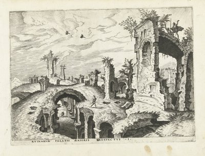 Widok na ruiny na Palatynie Ruiny rzymskie, 1561 (tytuł serii) autorstwa Johannes of Lucas van Doetechum (attributed to)