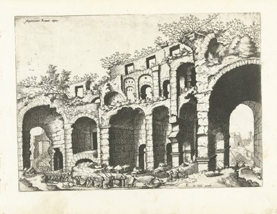 Widok amfiteatru prawdopodobnie Koloseum Ruiny rzymskie, 1561 (tytuł serii) autorstwa Johannes of Lucas van Doetechum (attributed to)