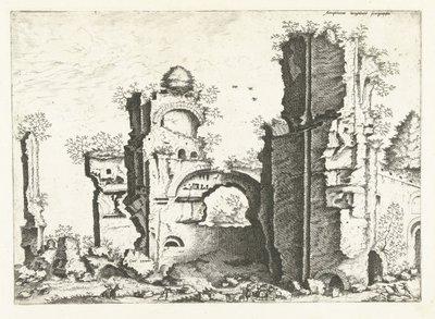 Widok ruin, prawdopodobnie Termy Karakalli Ruiny rzymskie, 1561 (tytuł serii) autorstwa Johannes of Lucas van Doetechum (attributed to)