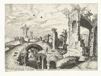 Widok ruin na Palatynie w Rzymie Ruiny rzymskie, 1561 (tytuł serii) autorstwa Johannes of Lucas van Doetechum (attributed to)