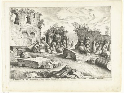 Ogród z fragmentami antycznych posągów Ruiny rzymskie, 1561 (tytuł serii) autorstwa Johannes of Lucas van Doetechum (attributed to)