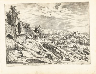 Drugi widok na Palatyn w Rzymie Ruiny rzymskie, 1561 (tytuł serii) autorstwa Johannes of Lucas van Doetechum (attributed to)