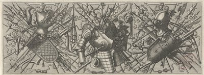 Po lewej fryz z hełmem, tarczą i skrzyżowanymi kijami oraz kusze Panoplia sev armamentarium… (tytuł serii) autorstwa Johannes of Lucas van Doetechum