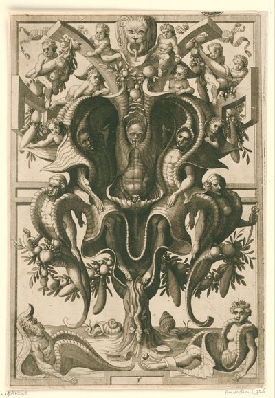 Ozdoba przypominająca muszlę, w której uwięzione są postacie. Veelderleij Wisselinghe van grotissen ende Compertimenten (...)Libro Primo (tytuł serii) autorstwa Johannes of Lucas van Doetechum